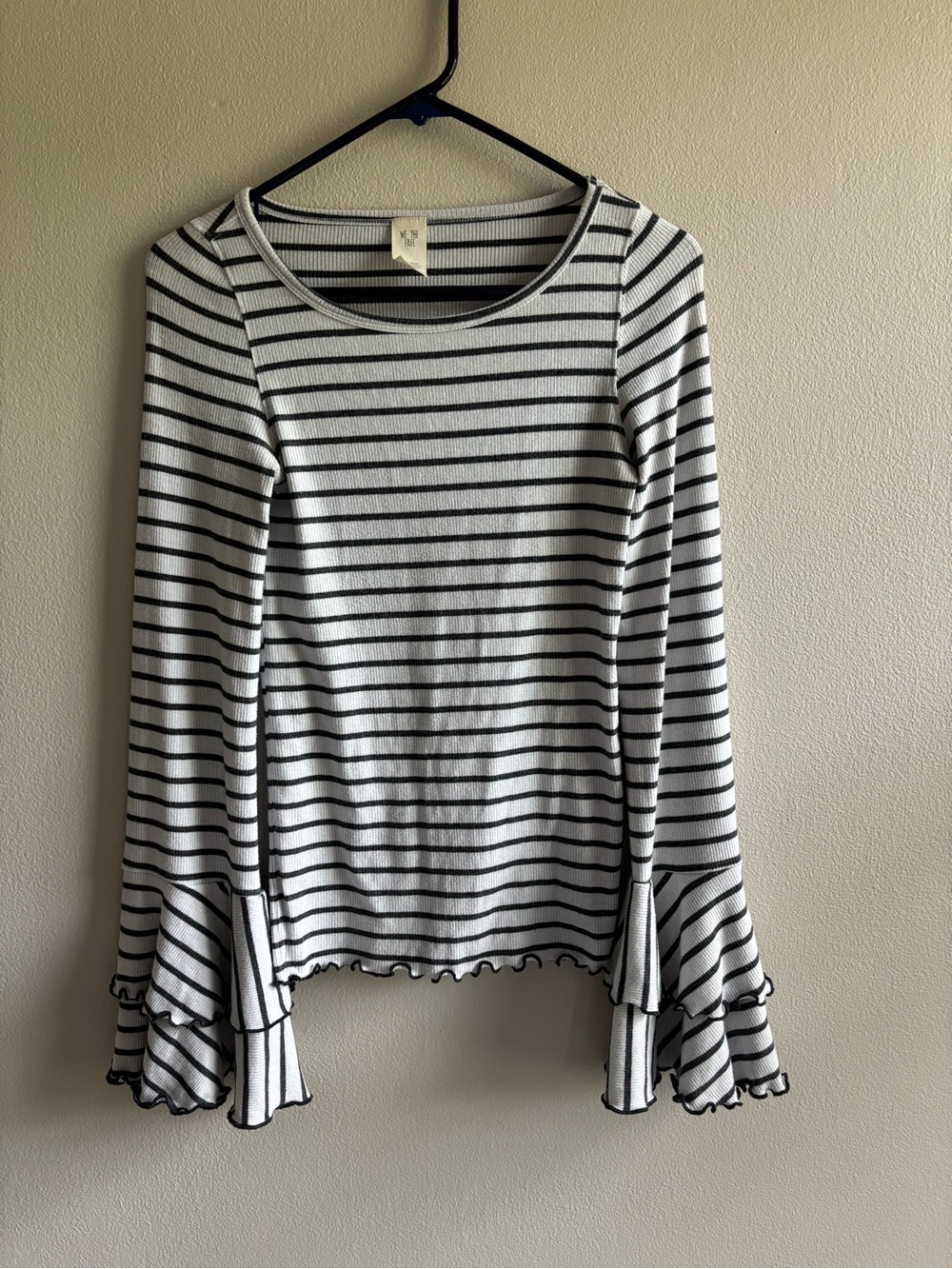 We The Free Ribbed Black & White Striped Long-Sleeve Bell Sleeve Ruffle Cuff Top